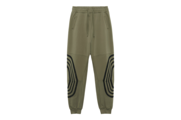 Olive green sweatpants with black geometric knee stripes, drawstring waist, and cuffed ankles. background removed