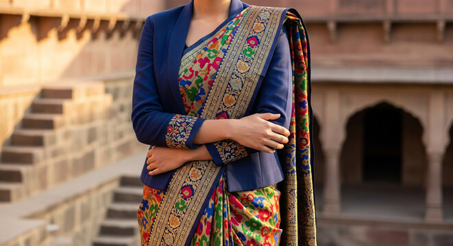 A woman showcases modern Indian fashion, blending a vibrant, colorful embroidered sari with a chic navy blue blazer at a historic heritage site - Powered by Adobe