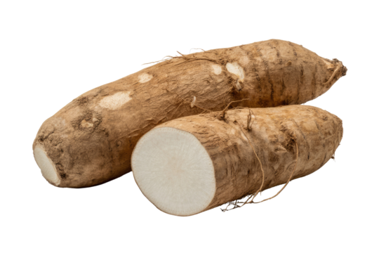Two whole and one sliced yams, showcasing their earthy brown skin and creamy white flesh. background removed