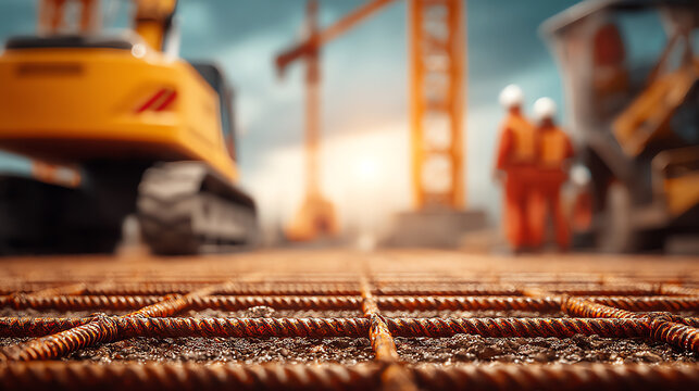 Construction site with machinery, workers, and steel reinforcements, showcasing the foundational elements of industrial development.