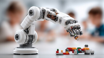 Small white educational robot built from toy blocks representing creative learning STEM education and robotics innovation for students, Generative AI