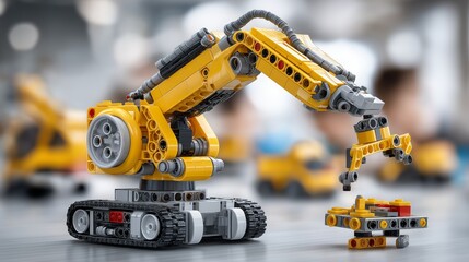Creative toy robotic arm in yellow design assembling blocks symbolizing playful education engineering and robotics creativity concept, Generative AI