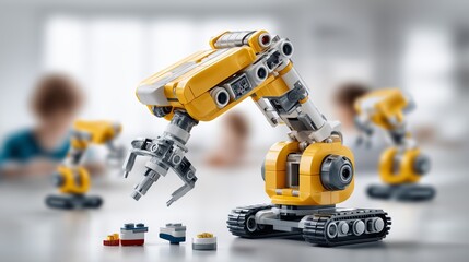 Small yellow educational robot built from toy blocks representing creative learning STEM education and robotics innovation for students, Generative AI