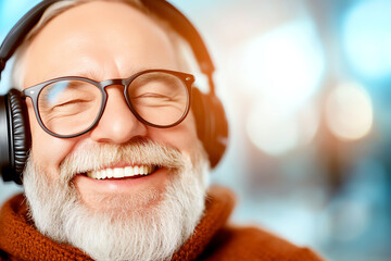 Happy elderly man enjoying music with headphones, showcasing joy and relaxation in a modern environment.