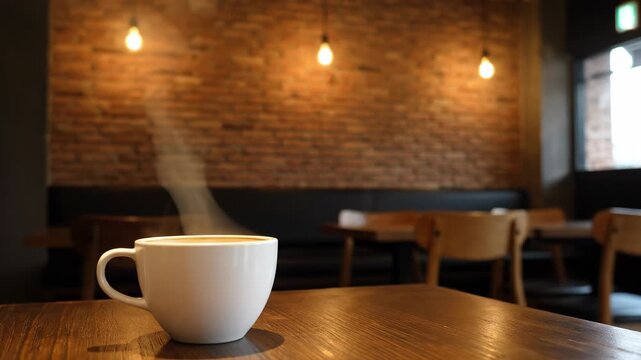 Steaming coffee cup on a wooden table with a brick wall cafe background at sunrise