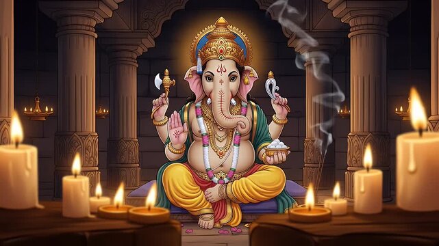 Serene Ganesha Deity Seated In Ornate Temple With Soft Candle Light And Incense Smoke Create A Spiritual And Mystical Ambiance