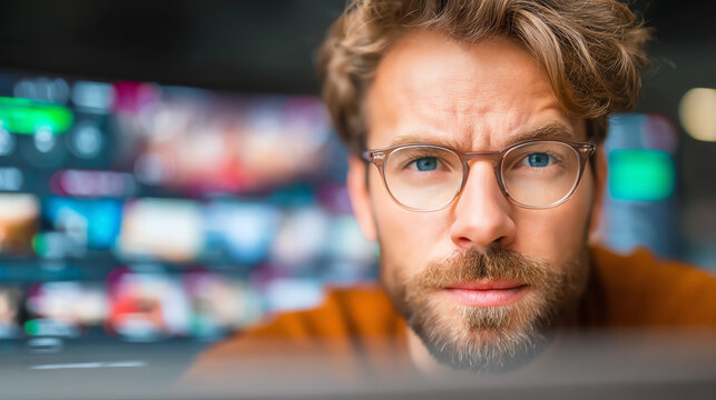 Focused man working on a project with modern technology, showcasing determination and professionalism in a dynamic workspace.