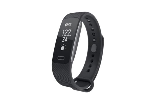 A sleek black fitness tracker displays heart rate, steps, and sleep data on its screen. background removed