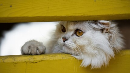 A fluffy, longhaired white cat with striking amber eyes peeking through a gap in a bright yellow wooden fence, looking curious