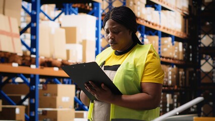 Black female worker verifying awb labels on files for inventory control, counting packages on racks and ensuring fast delivery in the warehouse. E-commerce airway bills tags. Camera B.