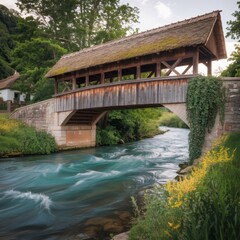 Fototapeta premium A charming covered wooden bridge with a thatched roof spans a vibrant, flowing turquoise river in a lush green landscape