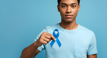 Jovem homem segurando o laço azul do Novembro Azul  com orgulho no peito, fundo azul-claro e iluminação otimista