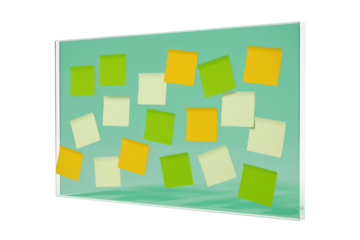 Glass board with colorful sticky notes for planning and brainstorming ideas. background removed