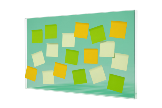 Glass board with colorful sticky notes for planning and brainstorming ideas. background removed