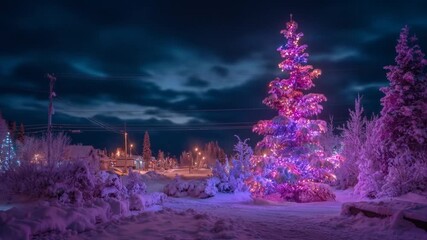 Lit christmas tree in snowy landscape with glowing lights at night - Powered by Adobe