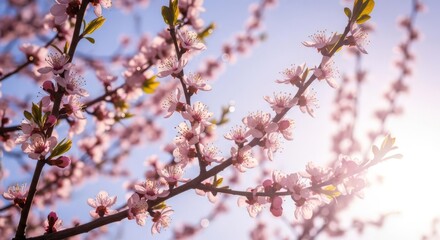 Obraz premium Spring Cherry Blossoms: Blooming Pink Flowers on Branch, Sunlight, Nature Background