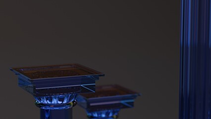 3D dark blue glass pedestal with cinematic lighting and copy space, luxury product stand on moody studio background