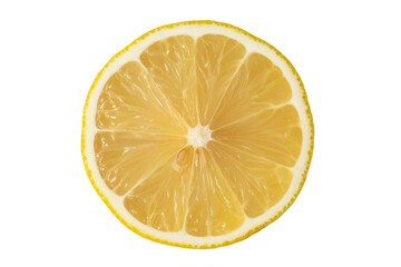 A close-up of a lemon slice, showcasing its juicy texture and vibrant yellow color against a transparent background. background removed