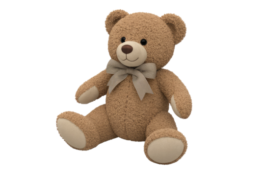 Adorable brown teddy bear sitting with a striped bow, 3D rendered on a transparent background. background removed - Powered by Adobe