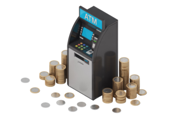 3D render of an ATM surrounded by stacks of gold coins, illustrating financial transactions and wealth. background removed
