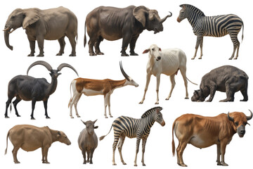 Collection of twelve diverse African animals, including elephants, zebras, and antelope, on a transparent background. background removed