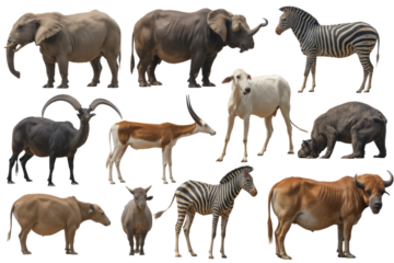 Collection of twelve diverse African animals, including elephants, zebras, and antelope, on a transparent background. background removed
