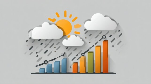 Dynamic financial growth chart braving stormy weather towards a bright sunny future, symbolizing resilience and success.