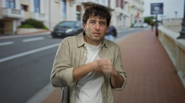 Man outdoors looking apprehensive on an empty street with buildings in the background.