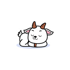 Fototapeta premium Cute Cartoon Goat Illustration Peaceful Nap Peaceful Sleep Adorable Farm Animal With Horns And Tail White And Brown Colors Soft Lighting Simple Background