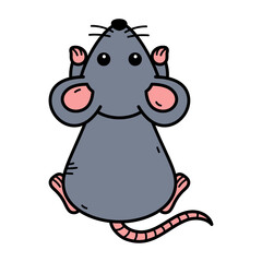 Cute Cartoon Gray Mouse With Pink Ears and Paws and Curly Tail in Top Down View Isolated on Transparent Background