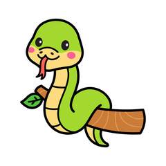 Fototapeta premium Cute Cartoon Green Snake Perched on a Brown Tree Branch with a Single Green Leaf Against a White Background