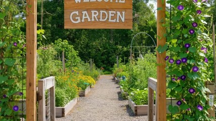 Community garden with "WELCOME GARDEN" sign over floral archway and lush greenery