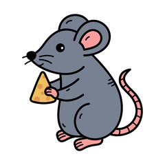 Cute cartoon grey mouse holding a triangle slice of yellow cheese with pink ears and tail against a transparent background isolated vector illustration