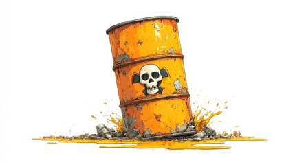 Leaking toxic waste barrel with skull symbol creates environmental hazard and urgent danger