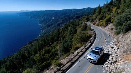 A coastal road offers stunning views of the ocean, blending elements of natural beauty with the allure of travel, capturing the charm of seaside exploration.
