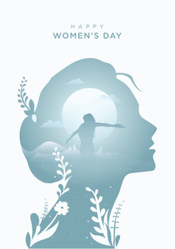 Artistic illustration a women Silhouette of her mind hoping for freedon surrounded by floral motifs that evoke healing - Women's Day vector art