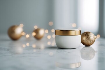 Elegant cosmetic cream jar with golden accents surrounded by festive golden ornaments and bokeh lights on a marble surface.
