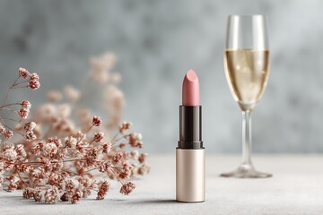 Elegant still life featuring a pink lipstick, a glass of champagne, and delicate gypsophila flowers, creating a luxurious and feminine atmosphere.