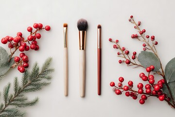 Elegant flat lay composition featuring makeup brushes, red berries, and eucalyptus leaves on a clean white background, perfect for beauty blogging.
