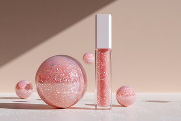 A glamorous still life featuring pink glitter lip gloss and spheres, showcasing elegance and modern minimalist style in a soft, neutral color palette.