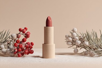 Elegant lipstick in a wooden case surrounded by frosted berries and pine branches, creating a festive winter scene.
