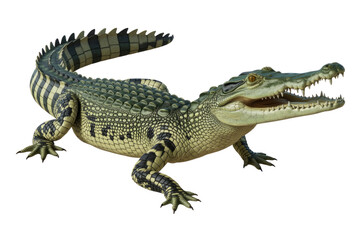 A detailed 3D render of a crocodile, showcasing its textured skin and powerful jaws. background removed