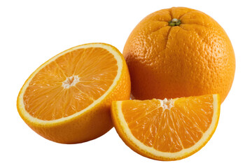 A whole orange and two halves, showcasing juicy segments and vibrant color. background removed