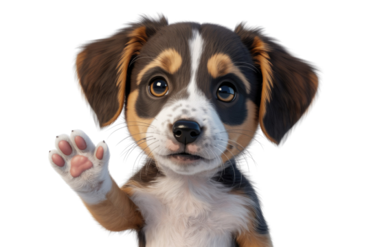 Adorable 3D rendered puppy waves hello with paw;  cute, friendly canine. background removed