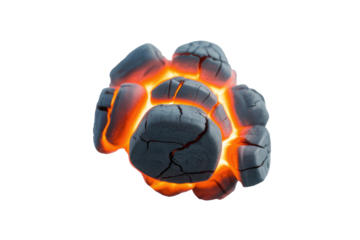Glowing embers, cracked and clustered, emitting intense orange light against a transparent background. background removed