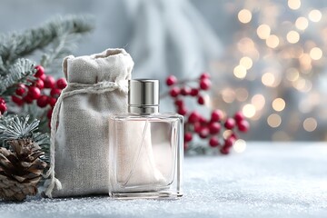 A festive still life featuring a perfume bottle, a sack, and Christmas decorations, creating a luxurious and elegant holiday atmosphere.