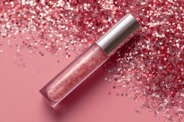A shimmering pink lip gloss tube surrounded by matching glitter, creating a glamorous and festive beauty product still life.