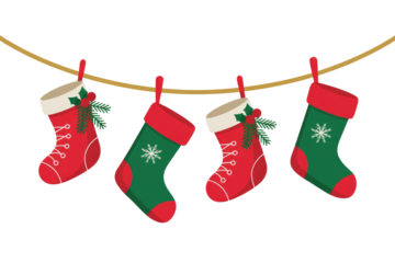 Four Christmas stockings hang on a line, adorned with holly and snowflakes. background removed