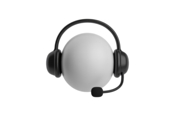 A 3D render of a white sphere wearing black headphones with a microphone, symbolizing customer support or communication. background removed