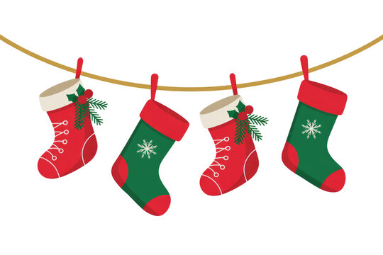 Four Christmas stockings hang on a line, adorned with holly and snowflakes. background removed